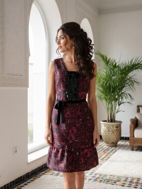 Simply Vera Vera Wang Dark Red Floral Sleeveless Cocktail Dress Sequins Size L